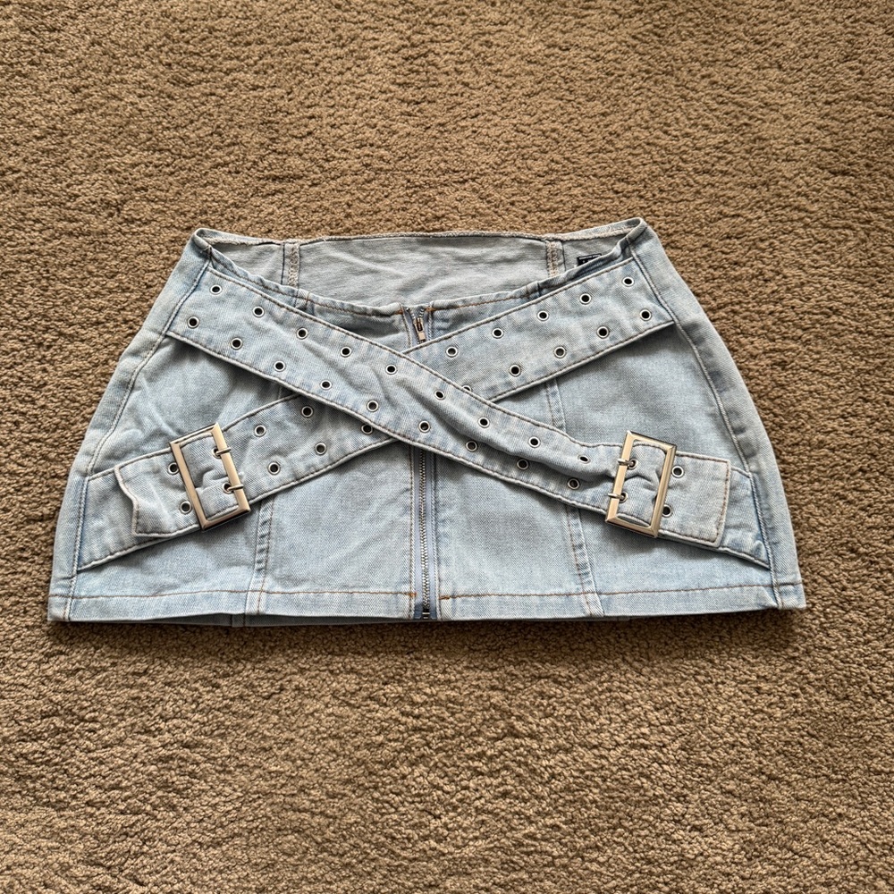 Light Blue Mini Skirt with Double Belt Detail